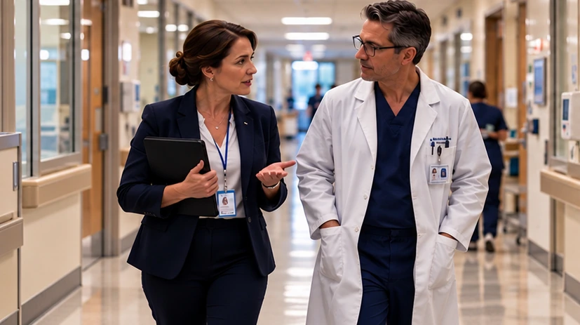 Radiology technologist moving an ultrasound machine through a hospital corridor